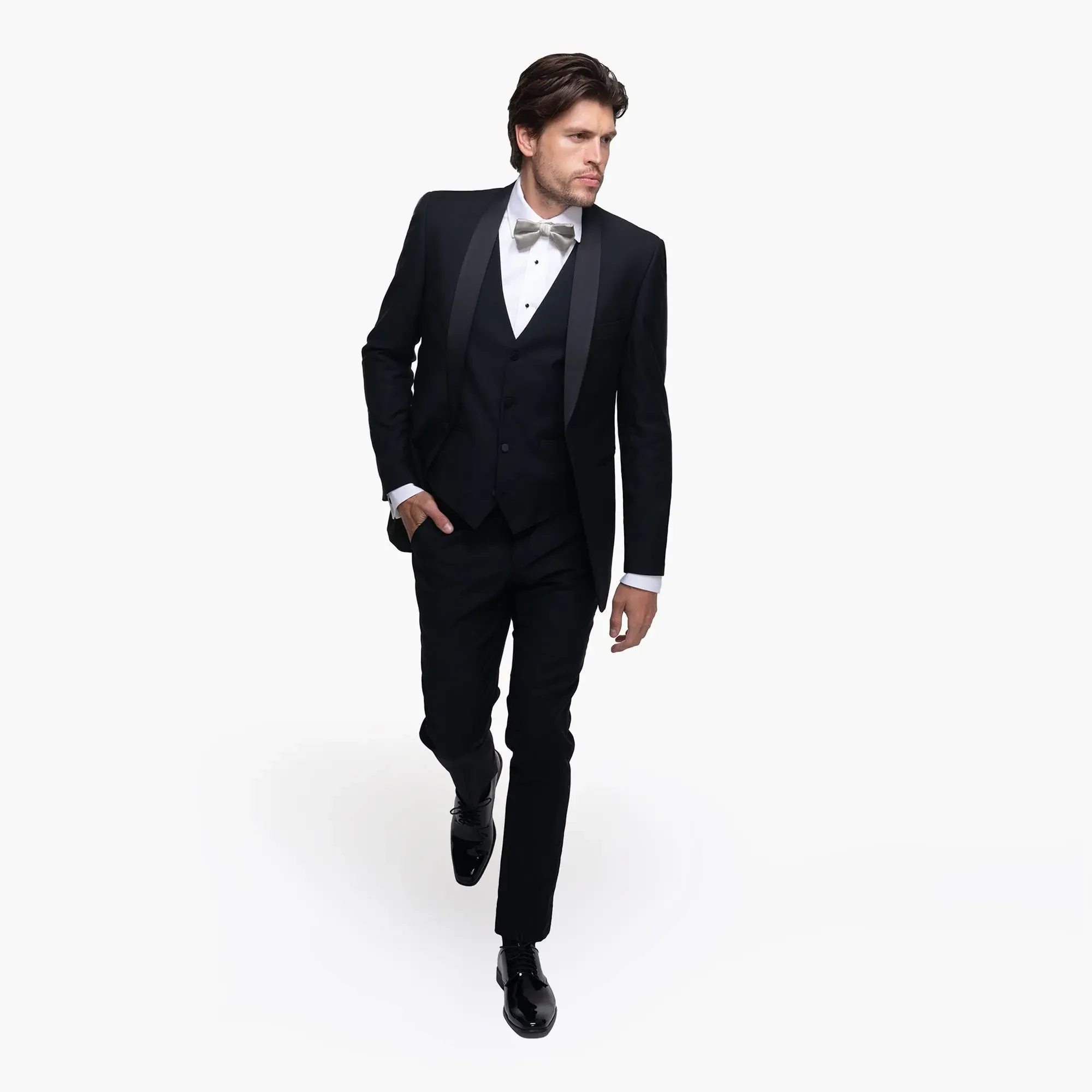 Model wearing tuxedo