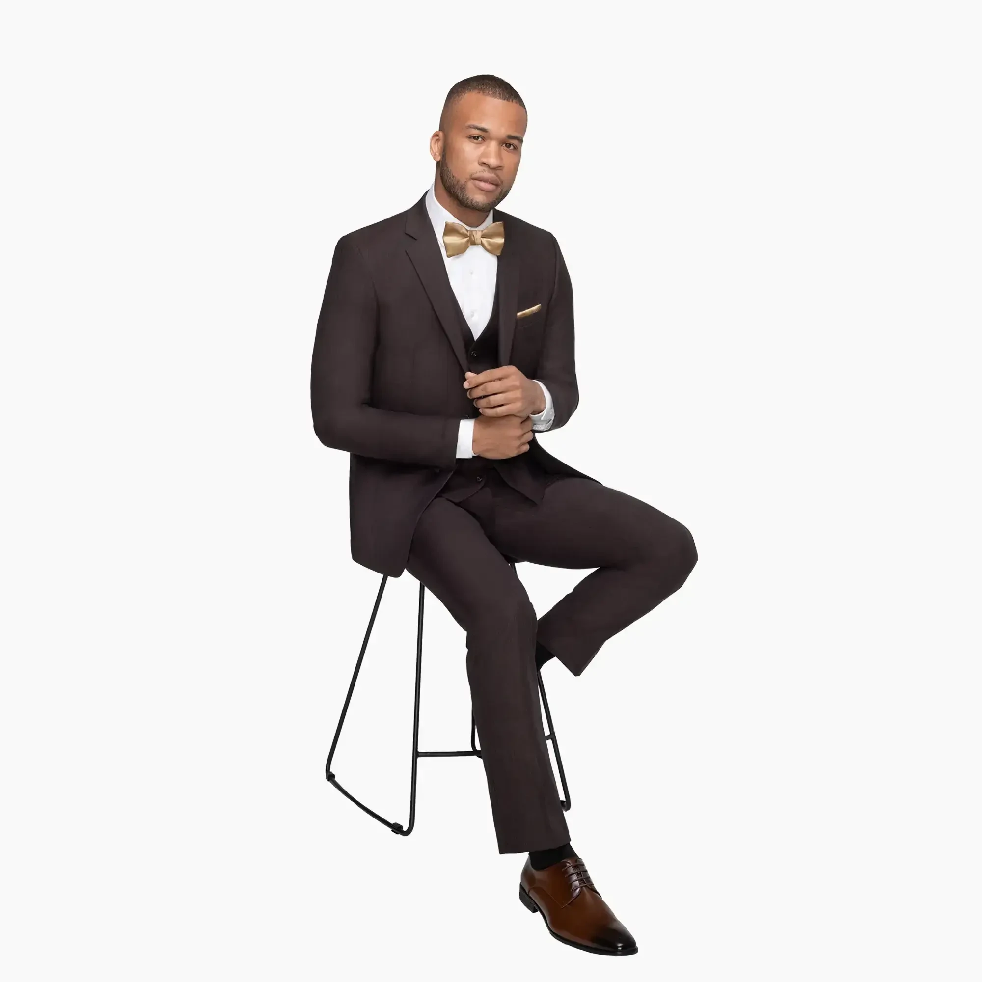 Model wearing tuxedo