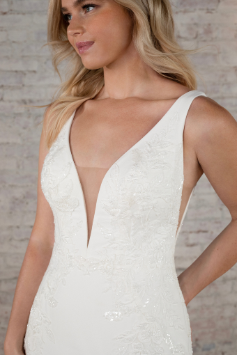 Stella York Rhodes #2 (PI-PL) Pure Ivory Gown w Porcelain Tulle Plunge thumbnail