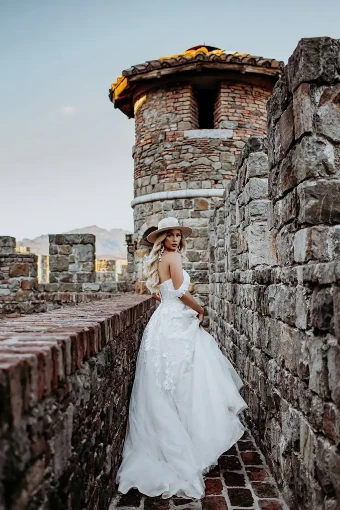 Stella York Julia #2 default (IVMC-PL) IVR Lace & Tulle over Moscato Gown w/ Porcelain Tulle Plunge thumbnail