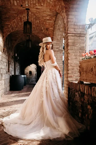 Stella York Julia #0 default (IVMC-PL) IVR Lace & Tulle over Moscato Gown w/ Porcelain Tulle Plunge thumbnail